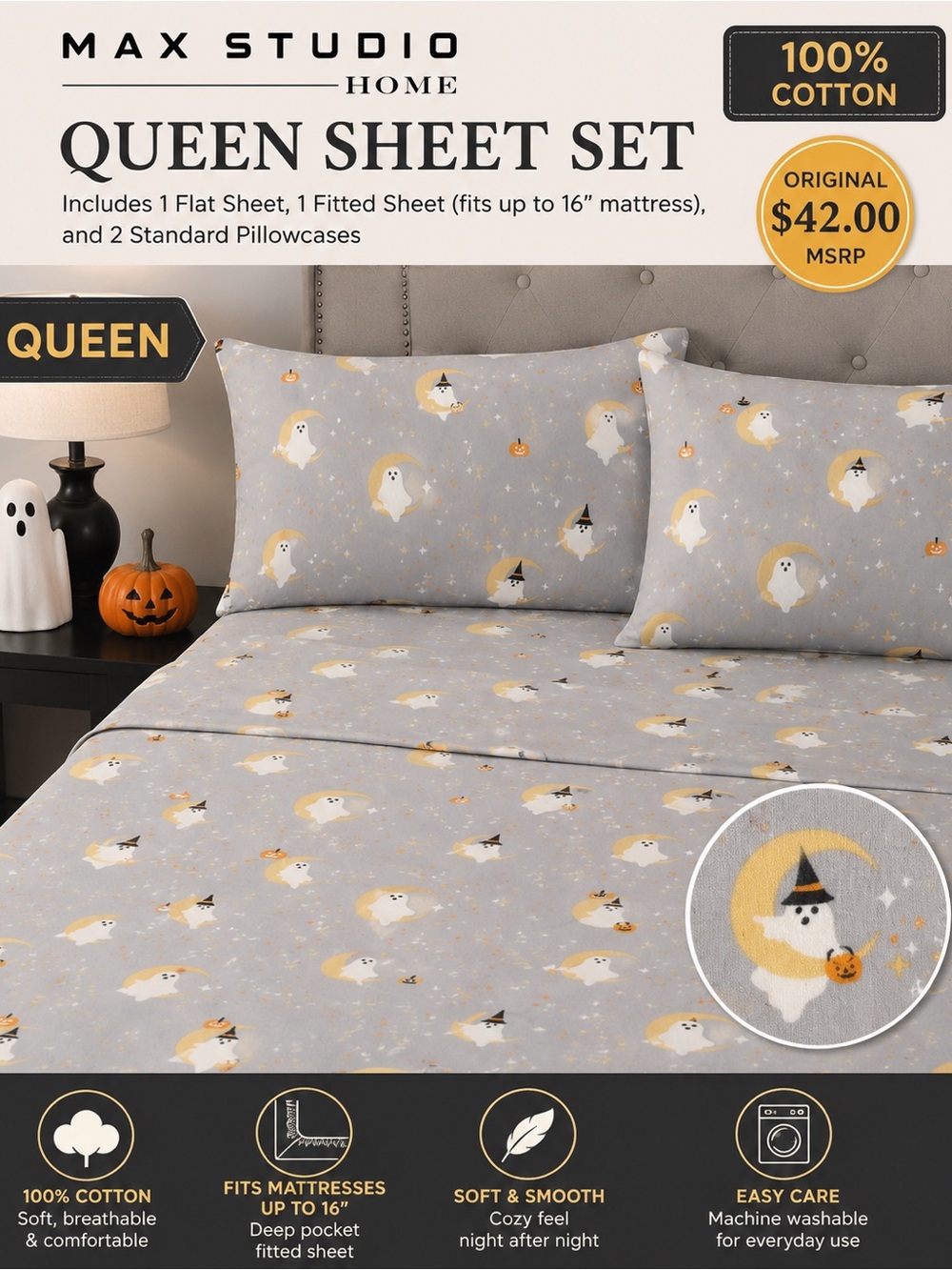 Max Studio Queen Sheet Set - Gray Halloween Ghost Print